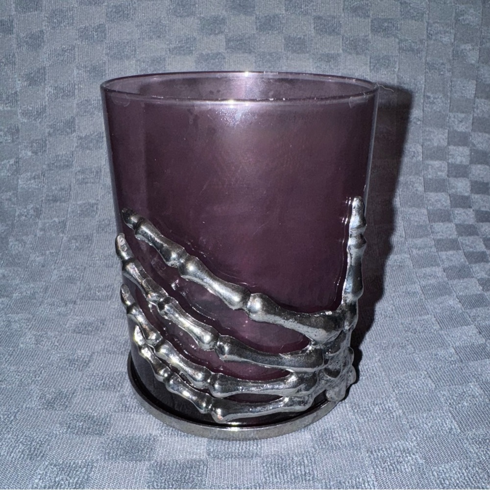 Purple Cup with Silver Skeleton Hand Design